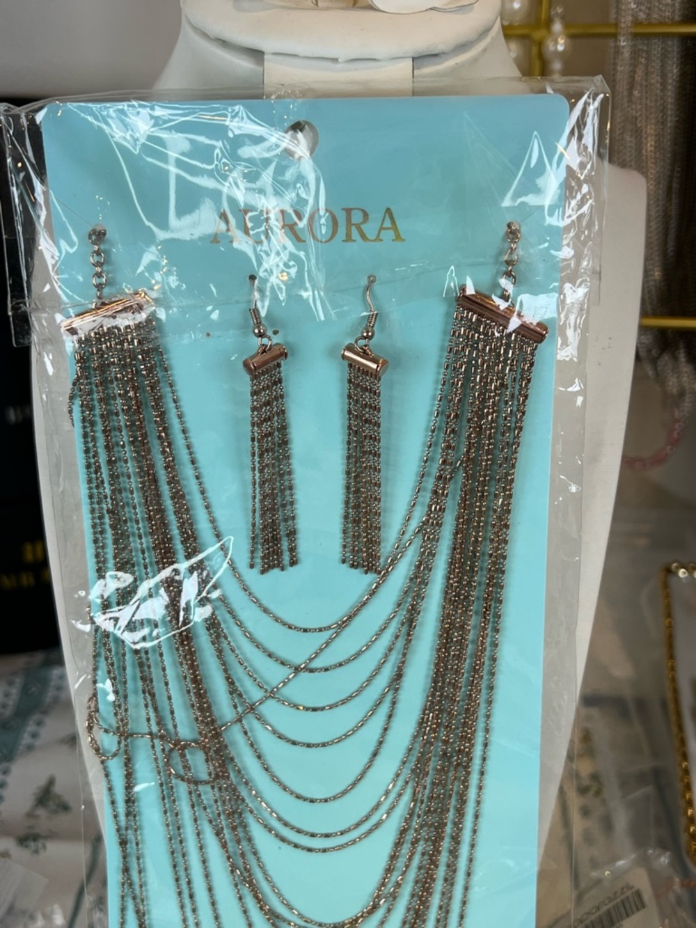 Rose Gold Multi-Strand Chain Necklace & Tassel Earrings Set - Rose Gold